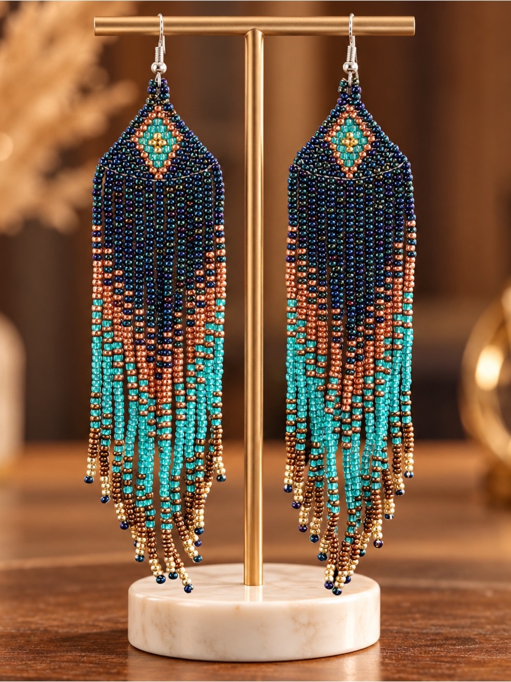 Turquoise & Navy Beaded Fringe Earrings - Women Jewelry